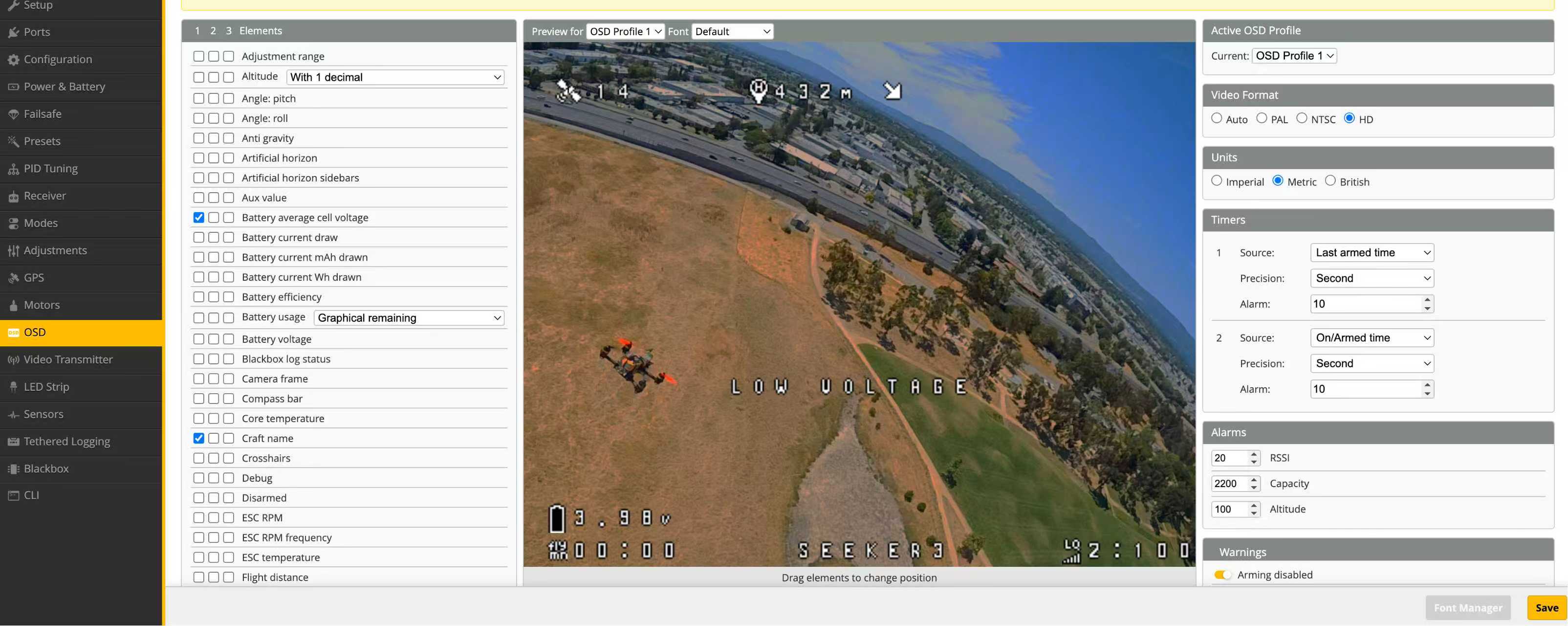 DeepSpace engineer setup — OSD tab